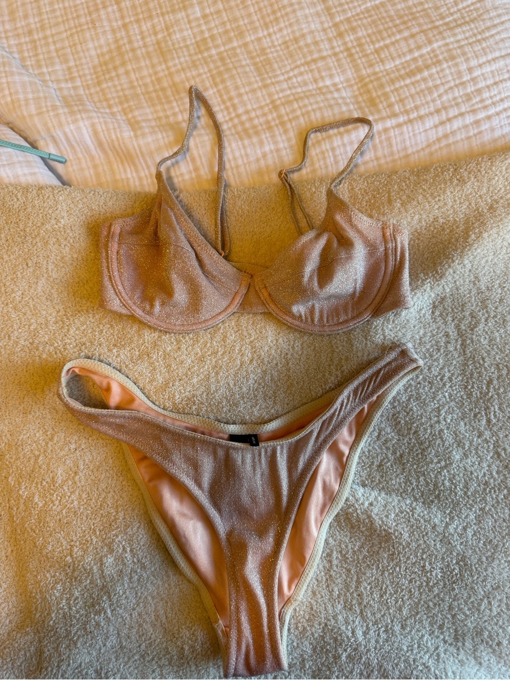 Small top medium bottom triangl swimwear Shimmery Peach Bikini Set